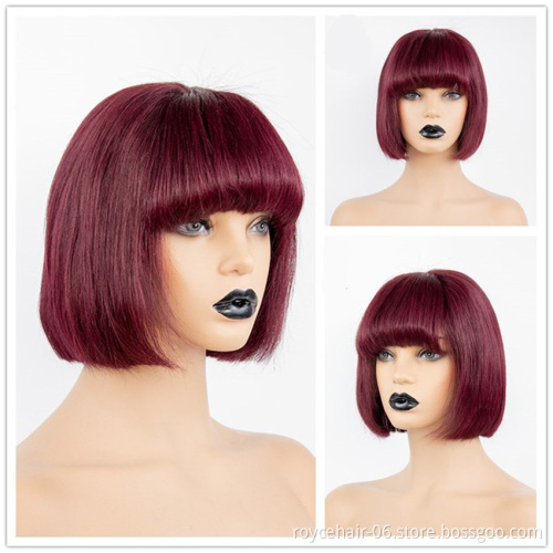 10a 12 Inch 150% Density 99J Burgundy Red Color Short Straight Blunt 100 Percent Indian Human Hair Bob Wigs with Bang
